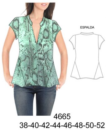 4665 Blusa cuello mao, escote en V, ruedo evase