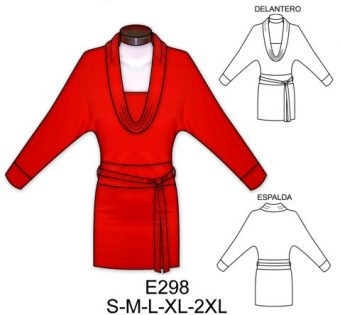 E298 POLERA LARGA CON CUELLO DRAPEADO MANGA KIMONO, AMARRA