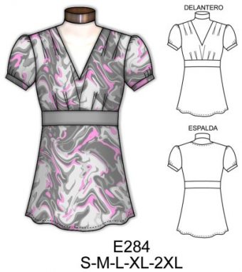 E284 POLERA CON CORTE BAJO BUSTO, ESCOTE EN V, MANGA PRINCESA CORTA CON PLIEGES EN EL HOMBRO Y EN EL BUSTO